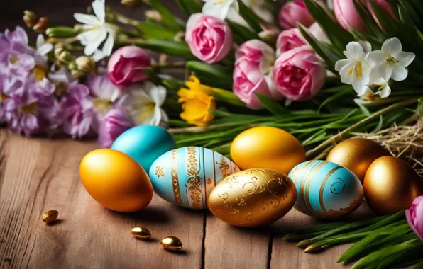 Картинка цветы, яйца, весна, colorful, Пасха, happy, flowers, spring