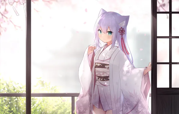 Girl, yukata, long hair, dress, animal ears, anime, beautiful, japanese clothes