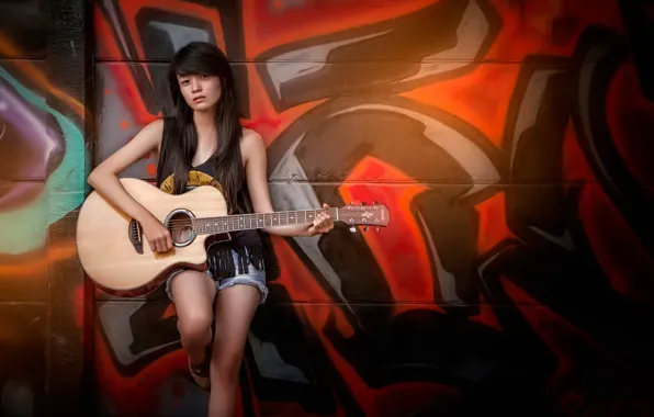 Картинка стена, граффити, гитара, гитаристка