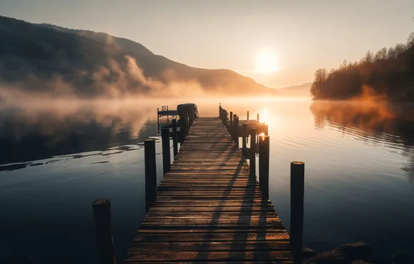 Лес, вода, солнце, свет, пейзаж, природа, туман, озеро