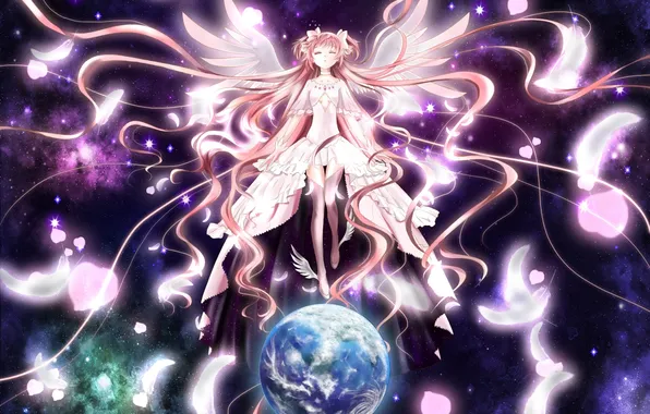 Картинка девушка, космос, звезды, земля, планета, крылья, аниме, перья