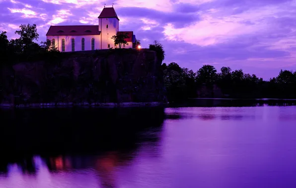 Закат, Озеро, Церковь, Утес, Сумерки, Sunset, Church, Lake