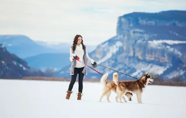 Girl, winter, snow, dogs, siberian husky