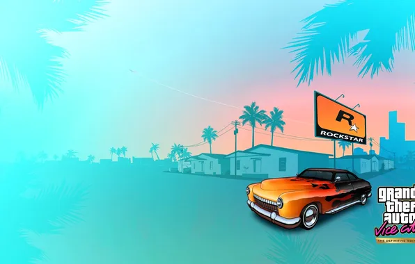 Машина, пальмы, улица, дома, билборд, Grand Theft Auto: Vice City