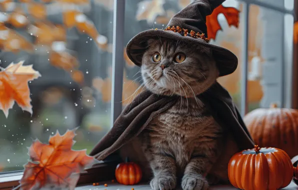 Кошка, кот, поза, серый, листва, шляпа, окно, наряд