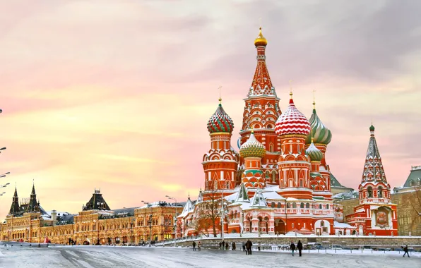 Картинка зима, снег, city, площадь, Москва, Кремль, Собор Василия Блаженного, Россия