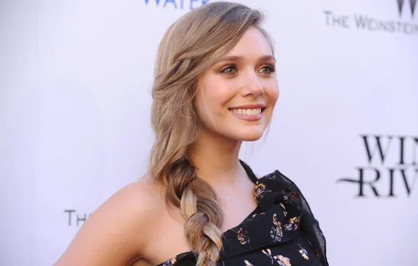 Взгляд, поза, улыбка, актриса, коса, фотосессия, hair, Elizabeth Olsen
