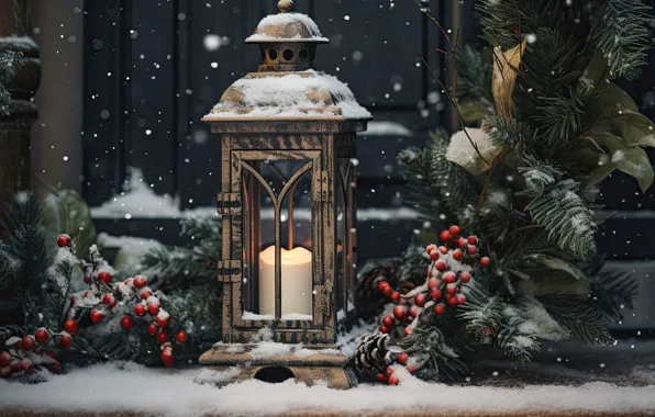 Новый Год, snow, зима, lantern, Christmas, ночь, night, decoration