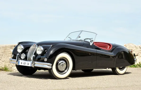 Картинка небо, чёрный, Roadster, Jaguar, Ягуар, родстер, классика, 1954