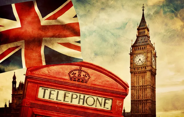 Картинка Англия, Лондон, vintage, symbol, London, England, Big Ben, telephone