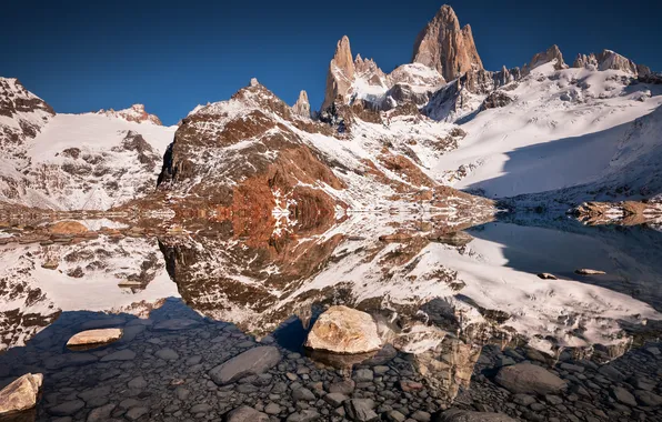 Картинка небо, снег, горы, озеро, отражение, зеркало
