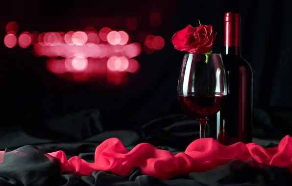 Блики, вино, красное, бокал, роза, бутылка, полумрак