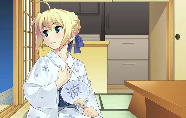 Девушка, комната, веер, юката, сейбер, Судьба ночь схватки, Fate / Stay Night