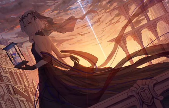 Закат, Девушка, Город, Песочные часы, Арт, Луч света, Fate / Grand Order, Судьба великая кампания