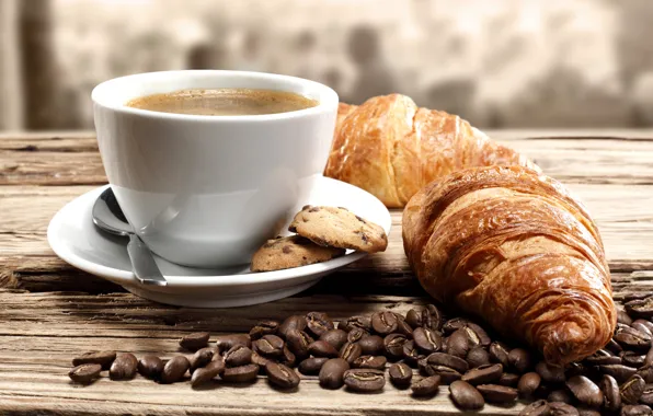Кофе, печенье, кофейные зерна, coffee, круассаны, biscuits, coffee beans, croissants