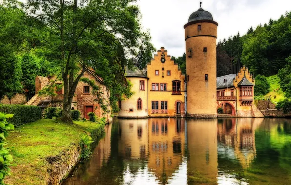 Вода, деревья, пейзаж, озеро, замок, ландшафт, башня, Германия