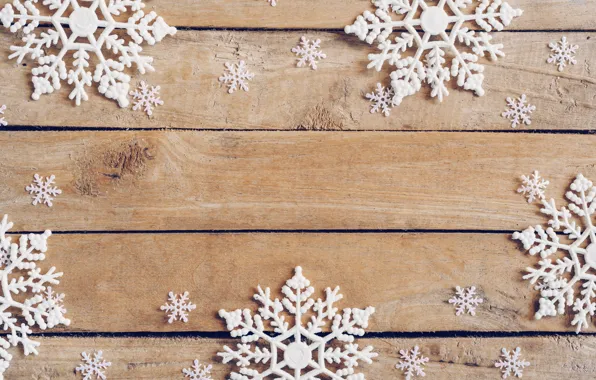 Картинка зима, снежинки, дерево, доски, Новый Год, new year, wood, winter
