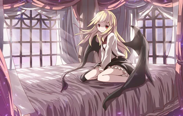 Картинка девушка, кровать, крылья, демон, арт, touhou, risutaru, kurumi