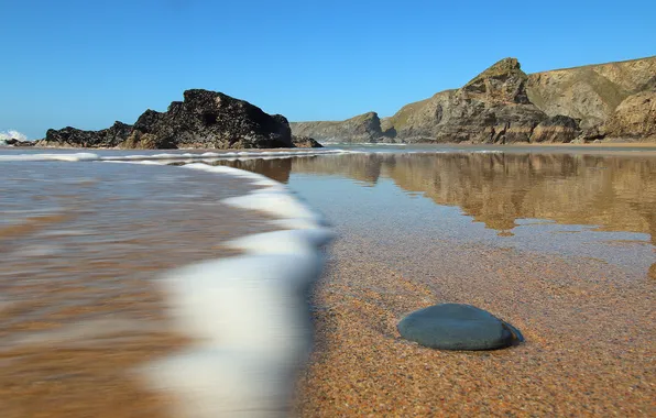 Картинка песок, море, пляж, океан, побережье, камень, England, Cornwall