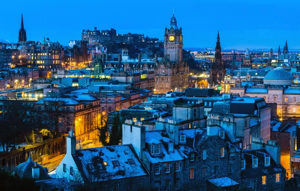 Картинка снег, ночь, огни, дома, Шотландия, Эдинбург