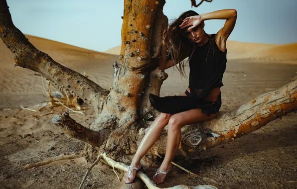 Девушка, дерево, пустыня, модель, Chromatropic