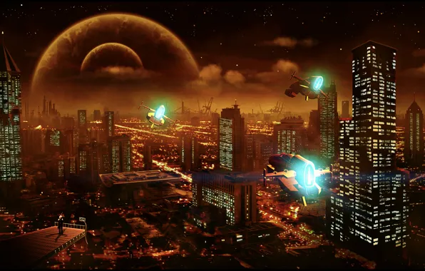 City, lights, planets