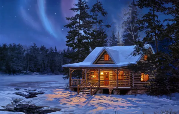 Картинка зима, лес, вода, звезды, свет, снег, ночь, дом