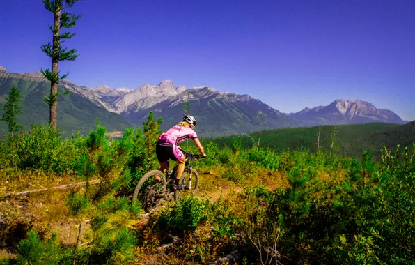 Девушка, природа, спорт, mountain bike, велосипедистка, pink dress