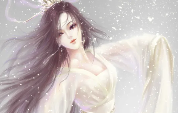 Картинка девушка, снег, танец, платье, арт