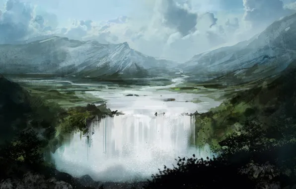 Картинка вода, облака, горы, природа, река, скалы, водопад, арт