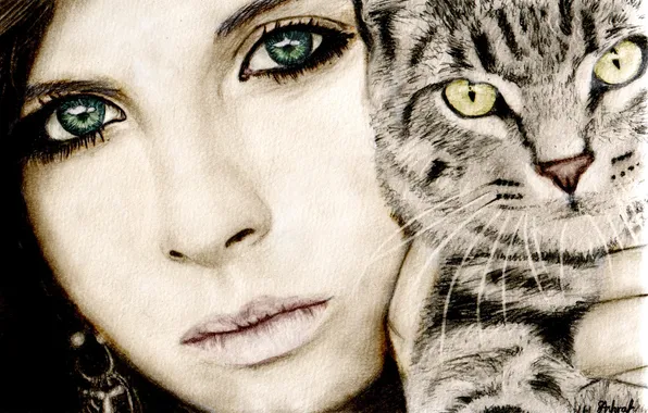 Картинка кот, взгляд, девушка, лицо, ресницы, животное, серьги, зеленые глаза