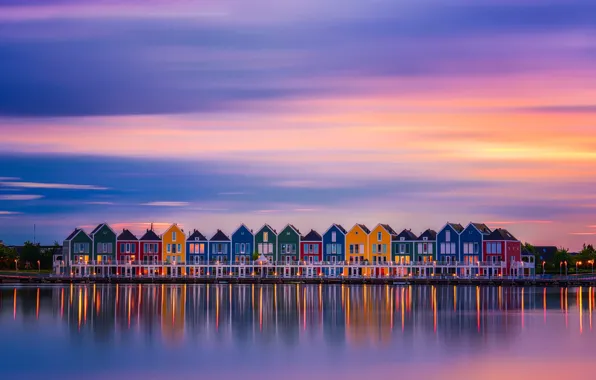 Картинка город, огни, краски, дома, вечер, утро, Нидерланды