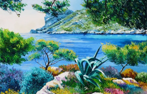 Картинка море, острова, деревья, пейзаж, ветки, камни, берег, картина