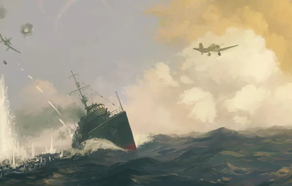 Картинка море, война, корабль, самолеты