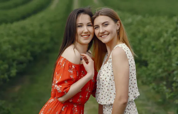 Поза, улыбка, вместе, модель, позитив, красотка, две девушки, подруги