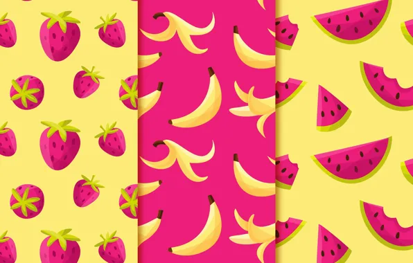 Картинка фон, текстура, клубника, фрукты, Purple, банан, yellow, patterns