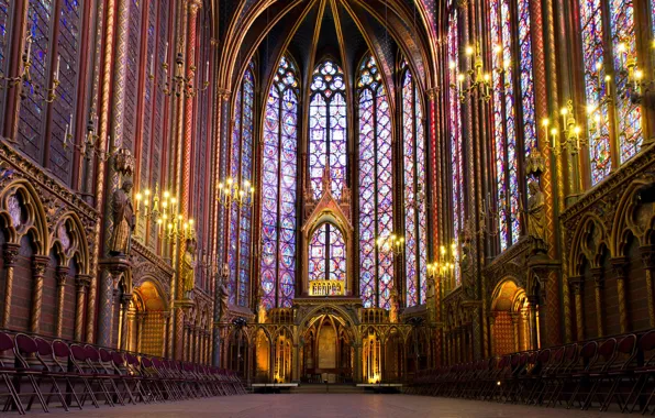 Готика, свечи, собор, витражи, paris, france, канделябры, Sainte Chapelle