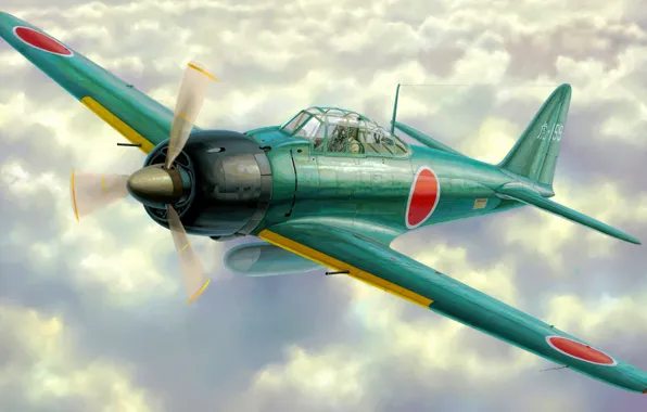 Картинка fighter, war, art, airplane, painting, ww2, a6m zero