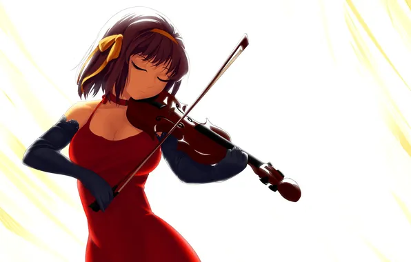 Картинка девушка, скрипка, арт, перчатки, suzumiya haruhi no yuutsu, музыкальный инструмент, arantheus, suzumiya haruhi
