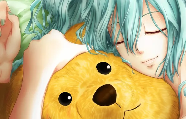 Картинка аниме, Anime, вокалоид, Miku, Sleep, Teddy Bear
