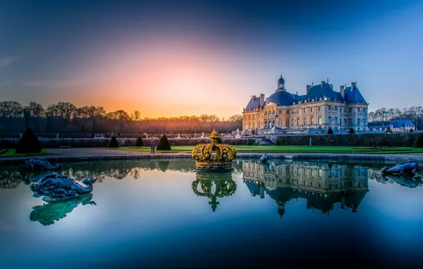 Картинка пруд, парк, отражение, Франция, фонтан, дворец, France, Во-ле-Виконт