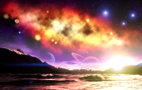 Картинка небо, космос, звезды, горы, фантастика, планеты, space, sky
