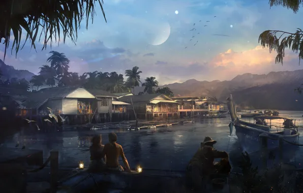 Люди, берег, фонарь, водоём, Fishing village