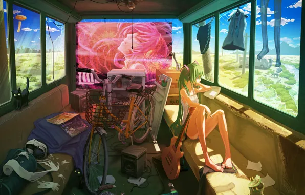 Картинка кошка, девушка, велосипед, одежда, гитара, автобус, vocaloid, hatsune miku