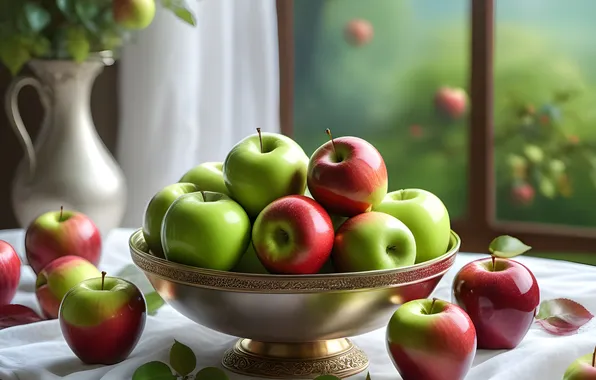 Листья, природа, стол, яблоки, блеск, букет, сад, окно