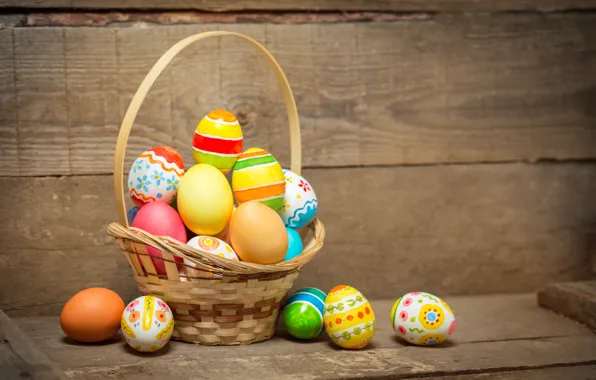 Корзина, colorful, Пасха, happy, wood, spring, Easter, eggs