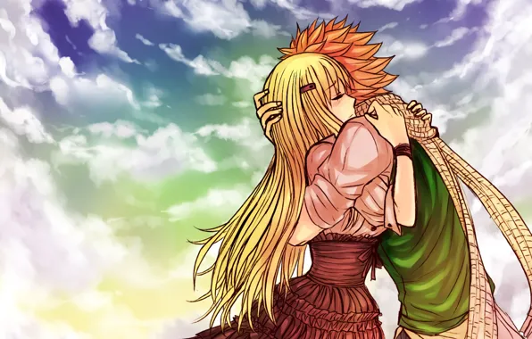 Любовь, романтика, Небо, аниме, арт, пара, Fairy Tail, обнимашки
