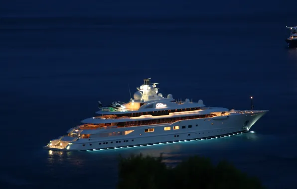 Картинка ночь, яхта, вертолет, night, helicopter, yacht, море., супер яхта