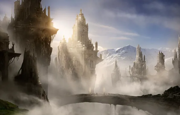 Картинка облака, снег, горы, мост, город, туман, замок, скалы, арт, башни, солнечные лучи