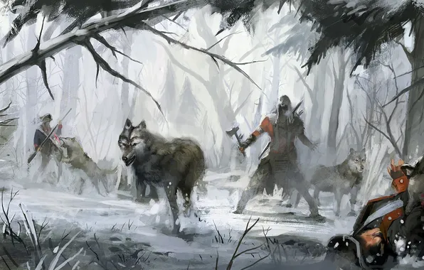 Картинка лес, волки, assassins creed 3, коннор